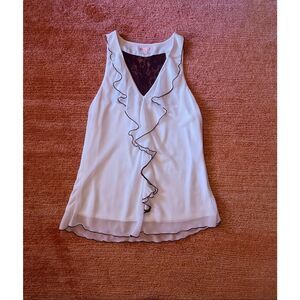 Free 2 Luv Ruffle Blouse Sleeveless Lace Back White Black Trim Size XL